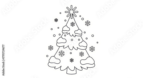 A simple black and white line art illustration of a snow-covered Christmas tree with a star, suitable for a kids holiday coloring page or festive design