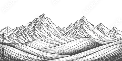Hand drawn mountain range panorama with hills, nature landscape sketch vector