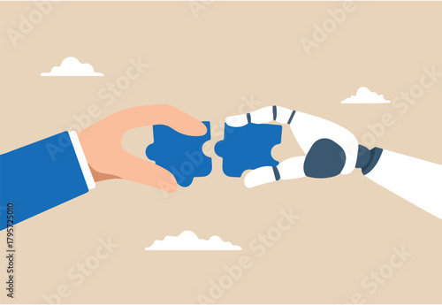 Businessman and AI robot hand connecting jigsaw puzzle together