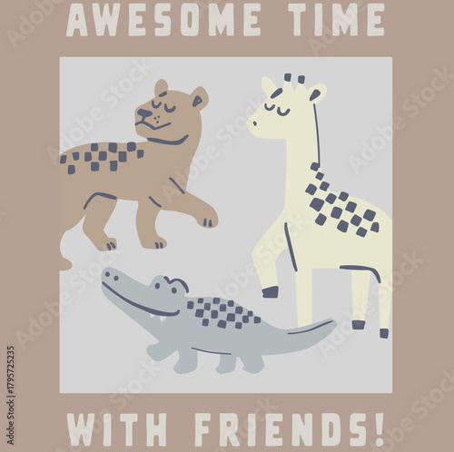 set of funny animals of giraffe, Tiger, alligator, Cute Dino, tiger,alligator, wildlife animal good time with my friends, cute animal friendship, background brown background 
