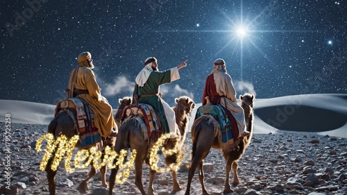 Three magi men on camel following bright star in desert conveying Christmas message. Biblical wise men journey for holiday.