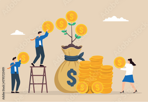 People invest coin in mutual funds, witnessing their money grow over time. Concept of investment growth, wealth management, financial profit from stock market, and savings