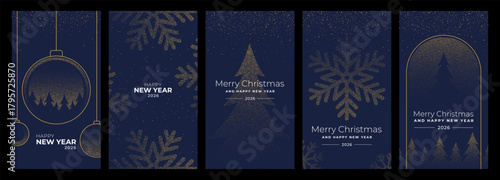 Blue and gold Christmas and New Year vector card collection with snowflake, bauble, and tree designs for holiday celebration.