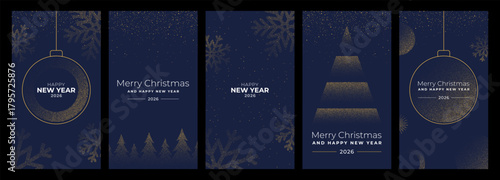 Collection of christmas and new year greeting card design with abstract golden decoration on dark background for special event.