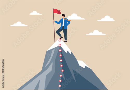 Businessman stands on mountain peaks, holding a red flag marking milestones path. Concept of journey to success, overcoming challenges, and achieving goals in business