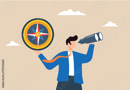 Businessman with binoculars and compass trying to find business profit. Concept of seeking direction, making decisions for business growth, finding investment opportunities, leadership and vision