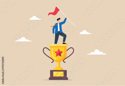Businessman raises flag on winning trophy, illustrating business victory and accomplishment of mission. Concept of leadership, triumph, and success in winning competitions or overcoming challenges