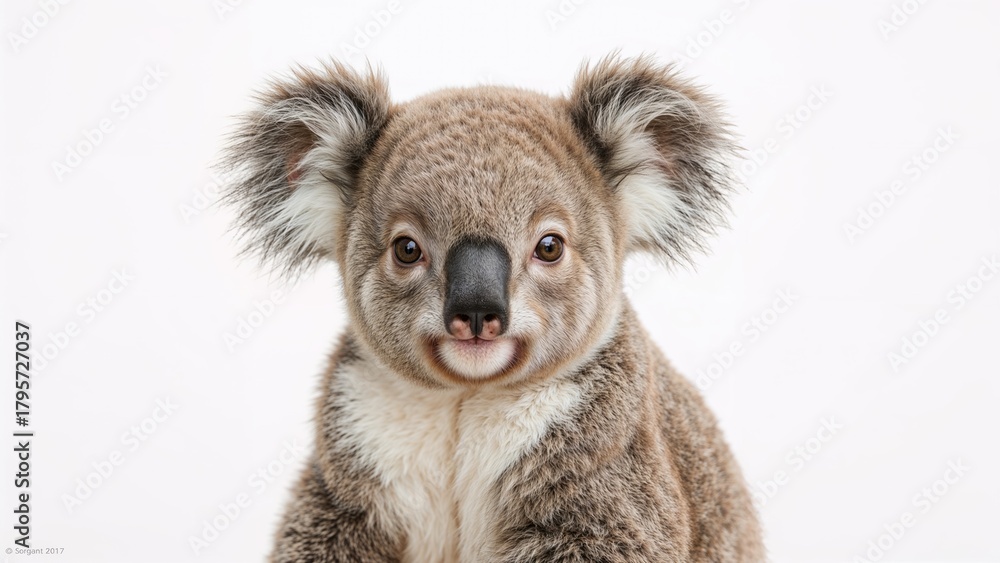 Fototapeta premium Koala baby portrait on white background. Cute and adorable koala face, close-up. Animal and wildlife photography. Nature and conservation concept.