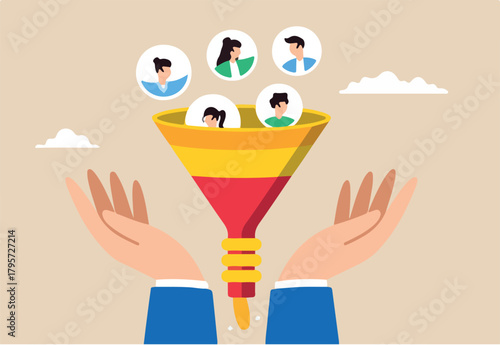 Businessman hand holds marketing funnel, illustrating process of lead generation and converting potential customers into sales. Concept of attracting prospects, and converting into paying customers