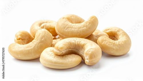 A small pile of raw cashew nuts with curved beige shapes resting on a clean white background.