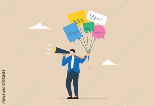 Businessman holds speech bubble balloons while speaking into megaphone, illustrating communication or Public Relations. Concept of PR manager in announcing and promotions company information to media