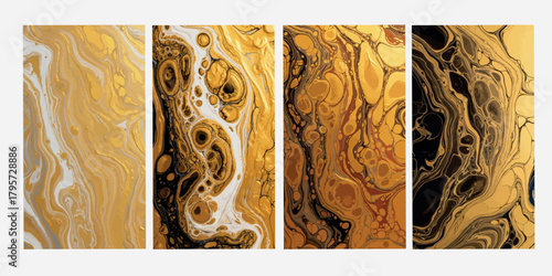 Luxury liquid art abstract pattern vector illustration set of golden and black marble texture on decorative backgrounds as design graphic fluid ink concept