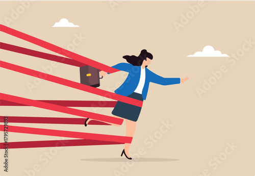 Strong businesswoman with full effort break tape barrier, illustrating gender barriers and overcoming career obstacles. Concept of inequality in the workplace, discrimination, and limitations