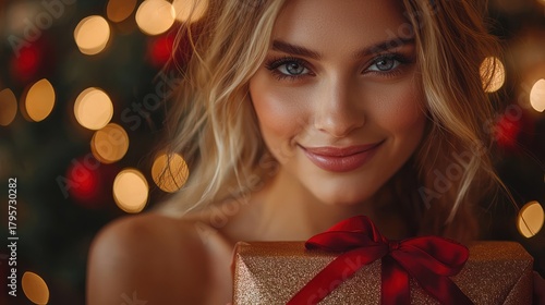 Woman smiling, holding gift, Christmas lights, festive season, holiday advertising