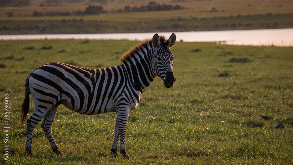 Fototapeta premium Zebra standing on green grassland near water body with trees in background.