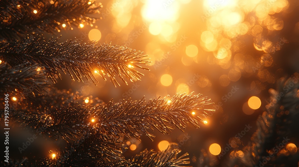 Fototapeta premium Glowing Christmas tree branches, sunset bokeh, winter, holiday card