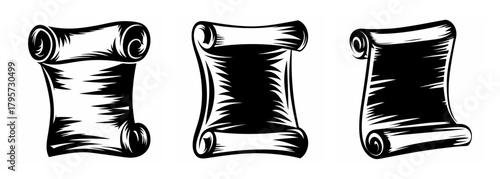 Three vintage parchment scrolls displayed side-by-side on a white canvas offering a classic historical aesthetic