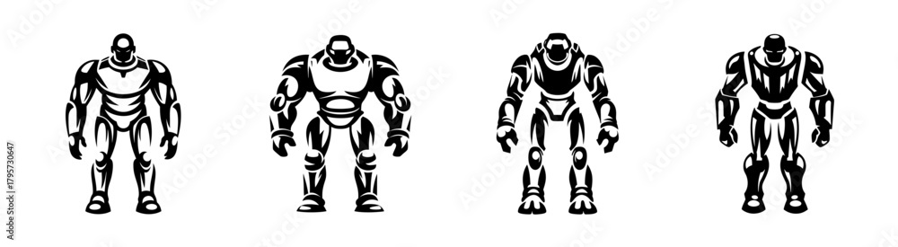 Fototapeta premium Four distinct metallic humanoid robots with detailed armor plating presented in a lineup facing forward in a grayscaled presentation