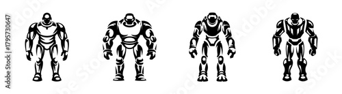 Four distinct metallic humanoid robots with detailed armor plating presented in a lineup facing forward in a grayscaled presentation