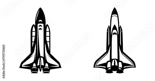 Two detailed space shuttle designs facing forward side by side offering distinct launch vehicle visuals