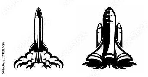 Two iconic rocket designs blast off with fiery exhaust trails capturing space exploration spirit