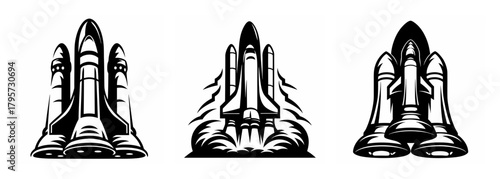 Three detailed rocket launch pad structures showing iconic space shuttle designs ready for liftoff