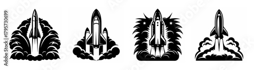 Four dynamic rocket launch silhouettes showcasing powerful ascent and fiery exhaust trails