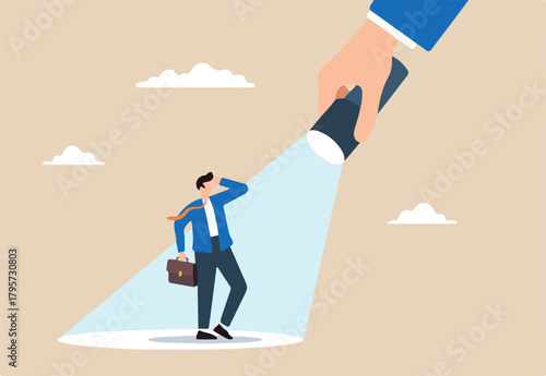Businessman stands in bright spotlight, illustrating successful candidate for a job vacancy. Concept of outstanding performance, ambition, opportunities, and making ideal choice for job position