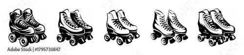 Set of five retro roller skates with four wheels each arranged in a line for active fun