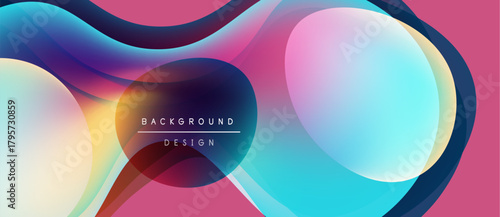 Abstract fluid shapes overlap, creating vibrant color gradients. Pink dominates background, with blue, yellow highlights. Modern design element.