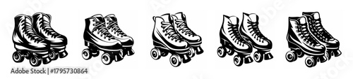 Vintage roller skates collection five retro quad skates detailed drawing style shoe accessory art