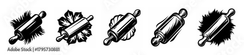 Collection of five vintage rolling pin graphics with splatter effects for culinary arts and baking themes
