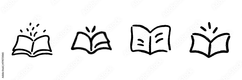 Obraz premium Open Book Line Icon Set In Doodle Style. Knowledge, Education, And Learning Inspiration Outline Sketch Collection. Hand Drawn Isolated Vector Illustration