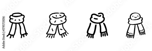 Scarf Characters Line Icon Set In Doodle Style. Winter Clothing, Warmth, And Cozy Fashion Accessories Outline Sketch Collection. Hand Drawn Isolated Vector Illustration