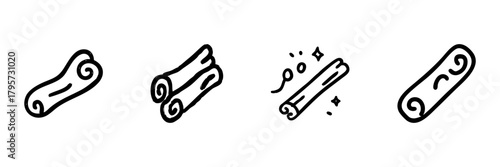 Cinnamon Stick Line Icon Set In Doodle Style. Spice, Flavoring, And Culinary Ingredient Outline Sketch Collection. Aromatic And Fragrant Cooking Element. Hand Drawn Isolated Vector Illustration