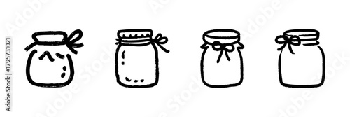 Hand-Drawn Mason Jars With Bows Line Icon Set In Doodle Style. Decorative Storage, Homemade Preserves, And Gift Packaging Outline Sketch Collection. Hand Drawn Isolated Vector Illustration