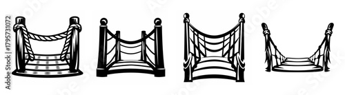 Four detailed line drawings of a wooden rope bridge with stairs and railings for safe crossing