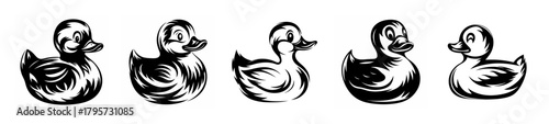 Collection of five artistic rubber ducks in a row showing unique sketchy textures and styles