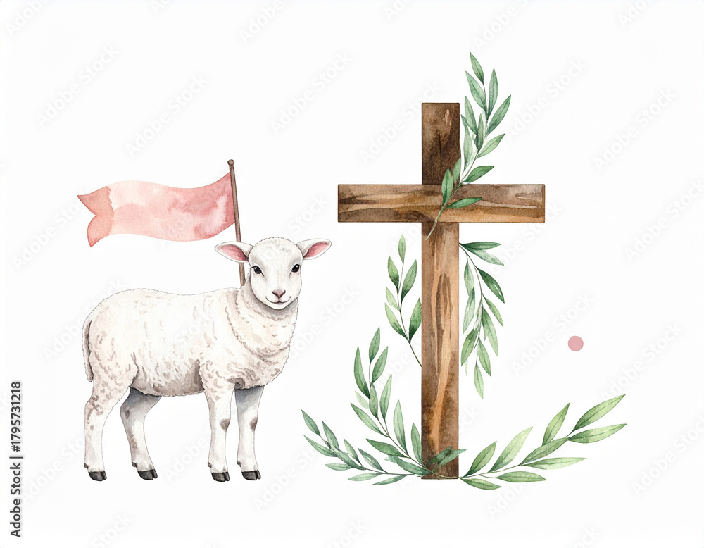 Naklejka premium Ilustracja Wielkanocna: Baranek Boży i krzyż