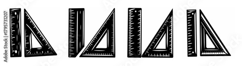 Set of four drafting triangles and rulers a pair of geometric measuring tools for drawing precise lines and angles.