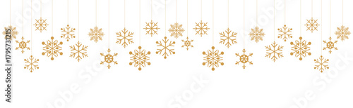 Minimalist winter graphic featuring seven stylized GOLDEN snowflakes hanging at various lengths by thin lines against a clean white background. Simple and elegant design for Christmas, New Year