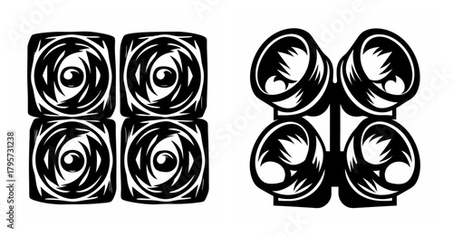 Two distinct arrangements of four identical circular light fixtures with a distinctive artistic sketch style