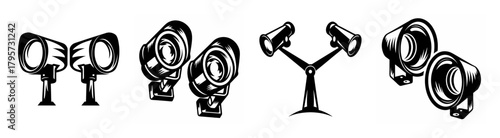 Set of various stadium sports field lights and outdoor stage spotlights for event illumination