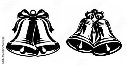 Two pairs of festive bells featuring a ribbon bow and a crown design for celebrations