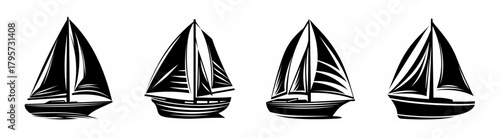 Four detailed black and white sailboats with full sails set against a bright background in a row.