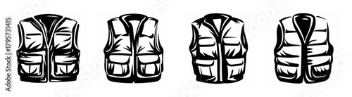 Collection of four distinct fishing vests showcasing numerous pockets and practical design features for outdoor activities