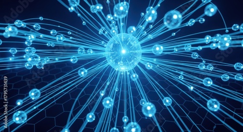 Abstract Blue Glowing Energy Sphere with Connected Particles.