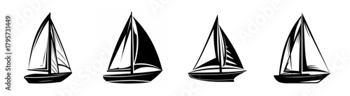 Set of four hand drawn sketch style sailboats with masts and sails ready for nautical adventures