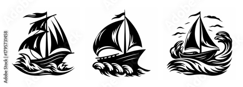 Three dramatic sailboats navigating through crashing waves in a nautical theme