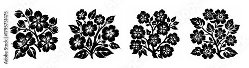 Four elegant floral sprays delicate blossoms and leaves in a repeating pattern arrangement